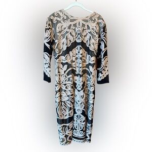 JS Collections Embroidered Mesh Sheath Dress – Black/Nude – Elegant & Chic